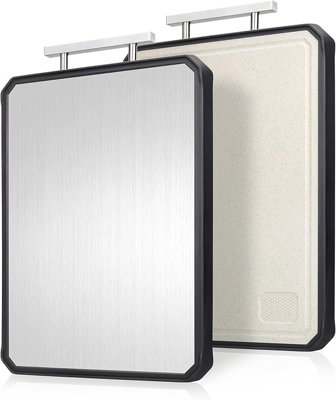 Metal Cutting Boards for Kitchen, Double-Sided 304 Stainless Steel Cutting Board and Wheat Straw PP, Suitable for Meat and Vegetables, Thickened Non-Slip Chopping Board, Dishwasher Safe,15.1"×11"