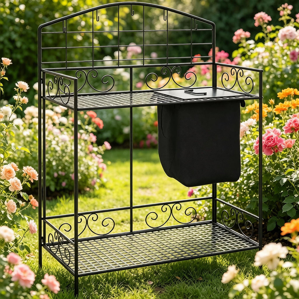 Metal Folding Potting Bench Garden Workstation with Large Build-In Bag Cover 5 Hanging Hooks And Storage Shelf Workbench