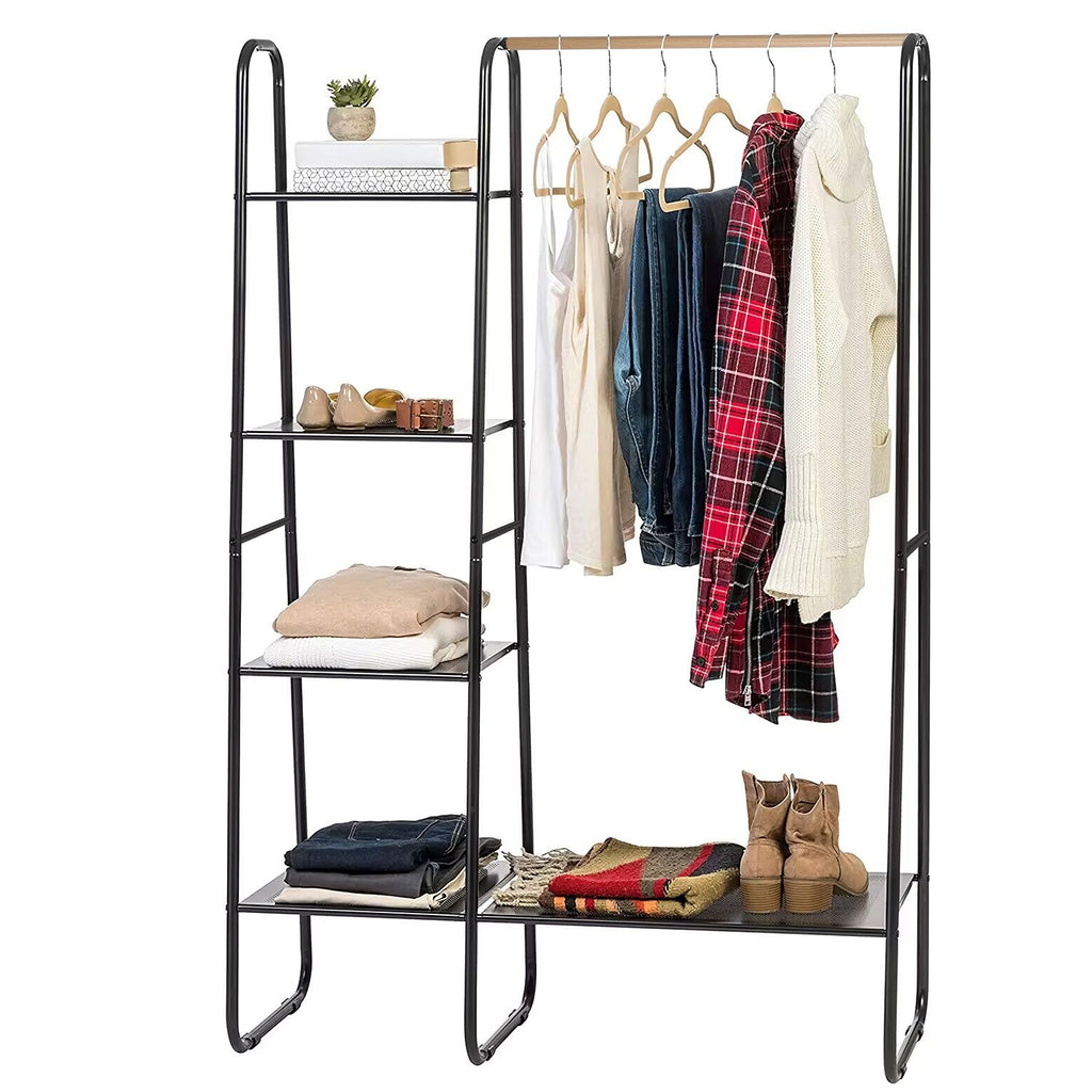 Metal Garment Hanging Rack Shoe Clothing Organizer Shelves Freestanding Clothing Hanging Rail Clothes Wardrobe Shoe Display Organizer with 1 Hanging Rod 5 Mesh Shelves
