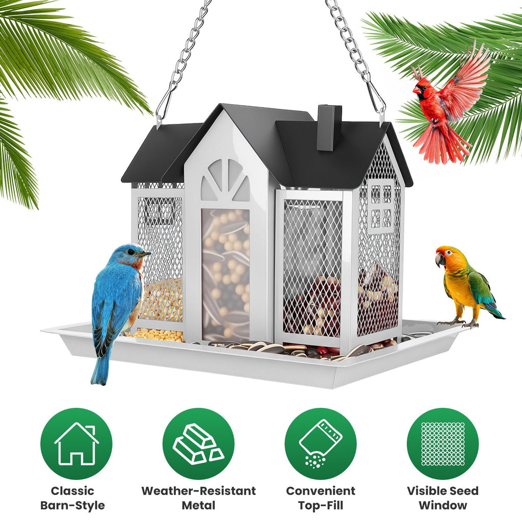 Metal Hanging Bird Feeder House Classic Barn Bird Feeder House Iron Hanging Outdoor Feeder with Visible Window and Lift Top Lid 15.75in Hanging Length Wild Birds Garden Yard Red/White