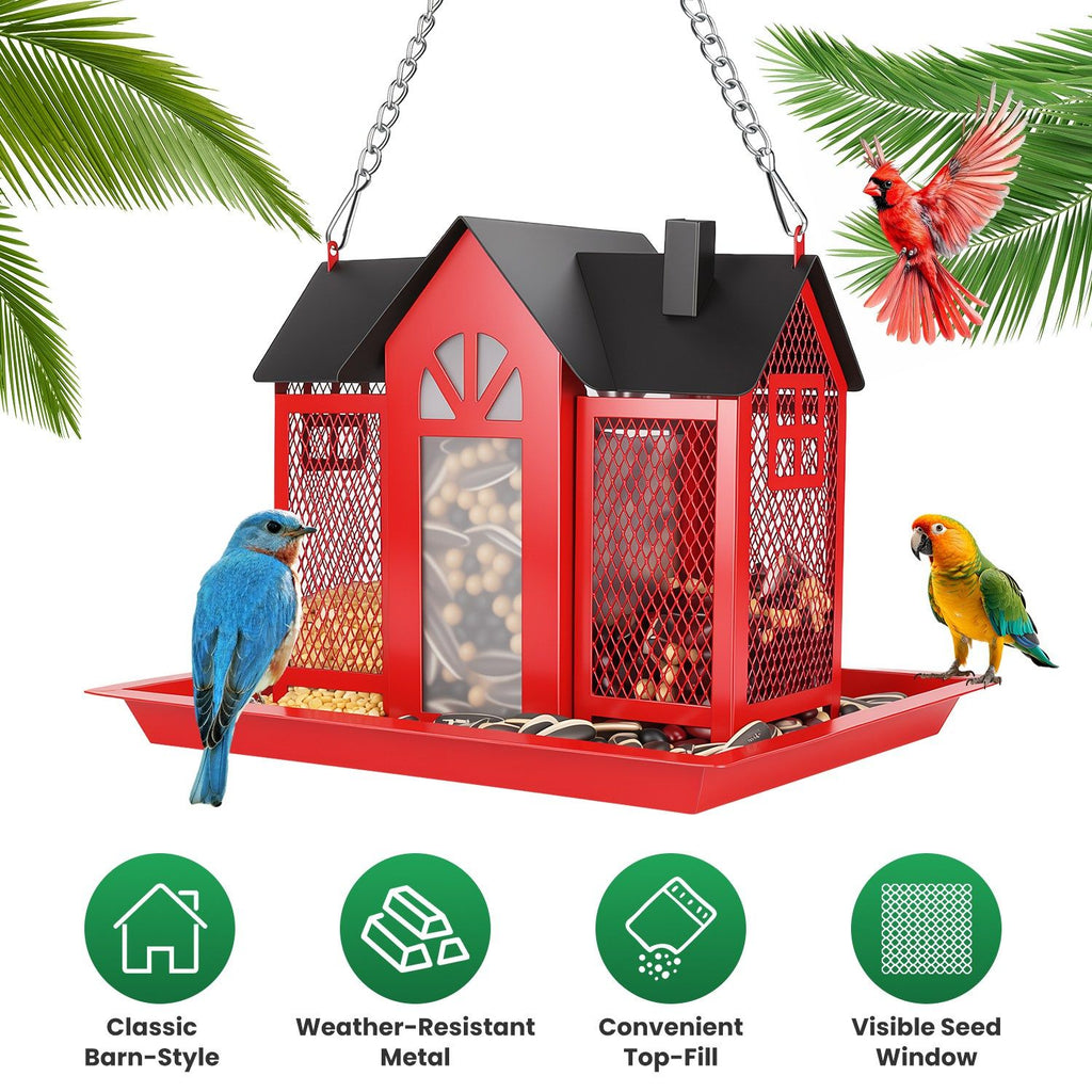 Metal Hanging Bird Feeder House Classic Barn Bird Feeder House Iron Hanging Outdoor Feeder with Visible Window and Lift Top Lid 15.75in Hanging Length Wild Birds Garden Yard Red/White