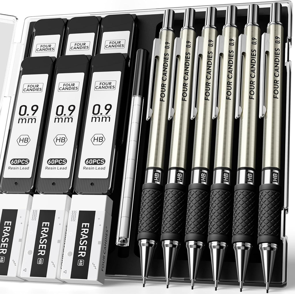 Metal Mechanical Pencil Set - 6PCS 0.9mm Art Mechanical Pencils & 360PCS HB Lead Refills & 3PCS Erasers & 9PCS Eraser Refills, Drawing Mechanical Pencils for Writing, Sketching With Case