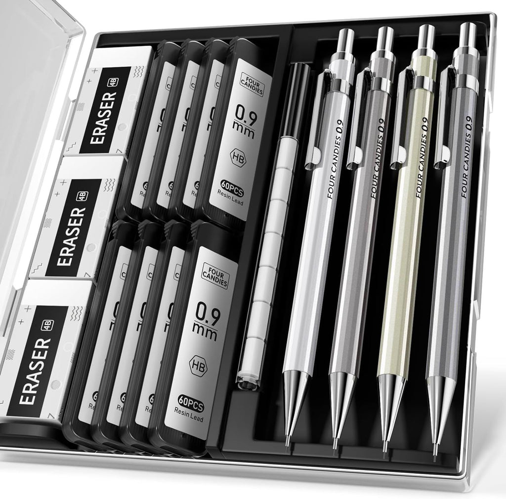 Metal Mechanical Pencil Set with Case - 4PCS Fancy Mechanical Pencils, 8 Tubes HB #2 Lead Refills, 3PCS 4B Erasers and 9PCS Eraser Refills, Led Pencils Mechanical for Writing