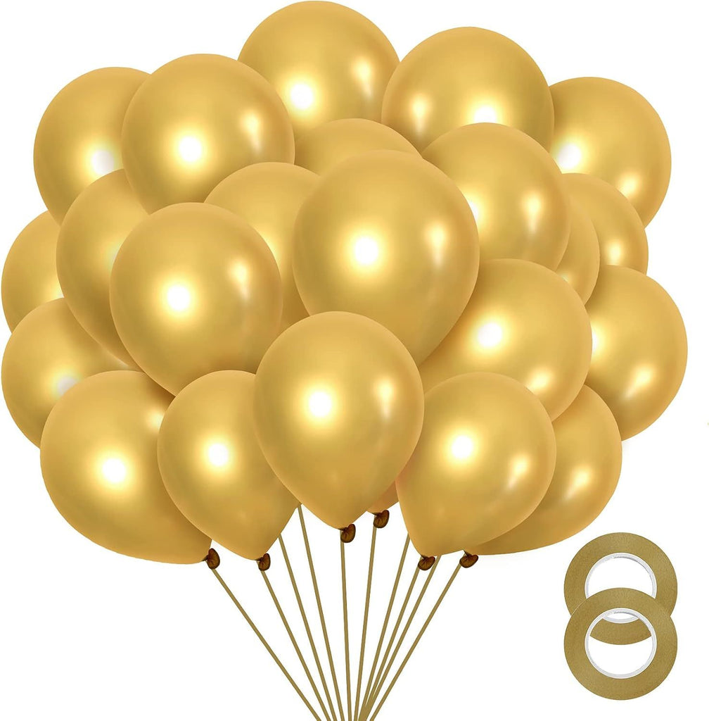 Metallic Gold Balloons 12 inch, 100 Pack Chrome Gold Latex Balloons for Birthday Baby Shower Wedding Graduation Party Balloons (with Gold Ribbon)