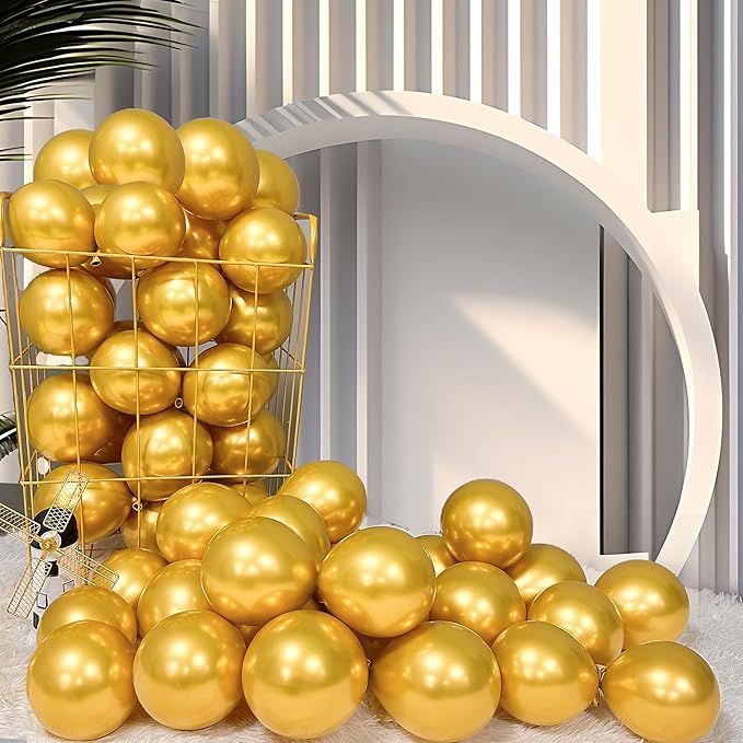Metallic Gold Balloons 5-inch 100 Pack Helium Small-Medium Shiny Round Chrome Gold Thicken Latex Balloon for Wedding Birthday Party (with 2 Ribbons)