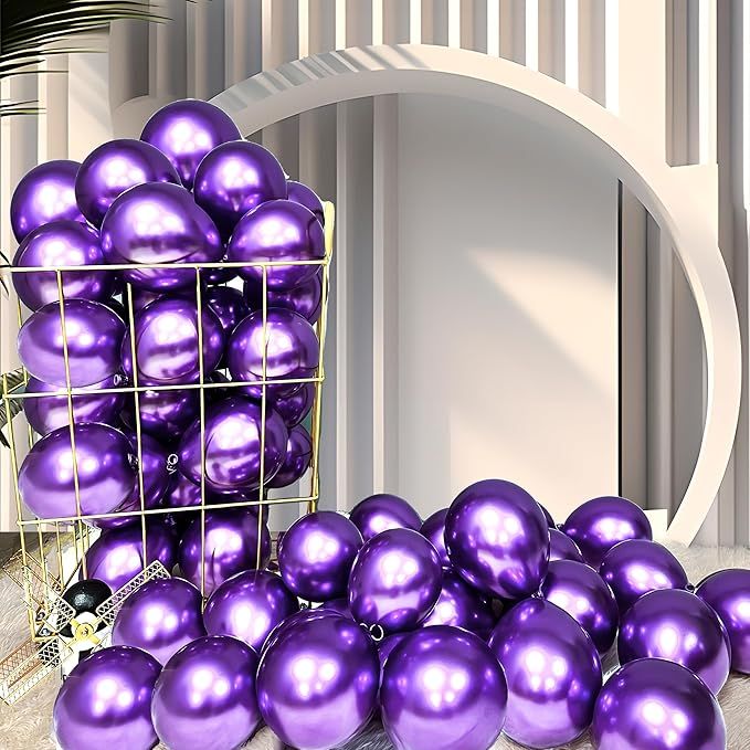Metallic Purple Balloons 5-inch 100 Pack Helium Small-Medium Shiny Round Chrome Purple Thicken Latex Balloon for Wedding Birthday Party (with 2 Ribbons)