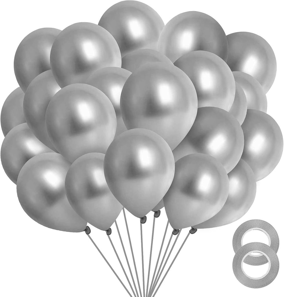 Metallic Silver Balloons 12 inch, 100 Pack Chrome Silver Latex Balloons for Birthday Baby Shower Disco Christmas Party Decorations (with Silver Ribbon)