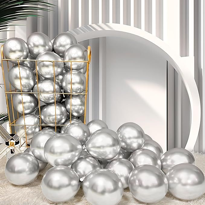 Metallic Silver Balloons 5-inch 100 Pack Helium Small-Medium Shiny Round Chrome Silver Thicken Latex Balloon for Wedding Birthday Party (with 2 Ribbons)