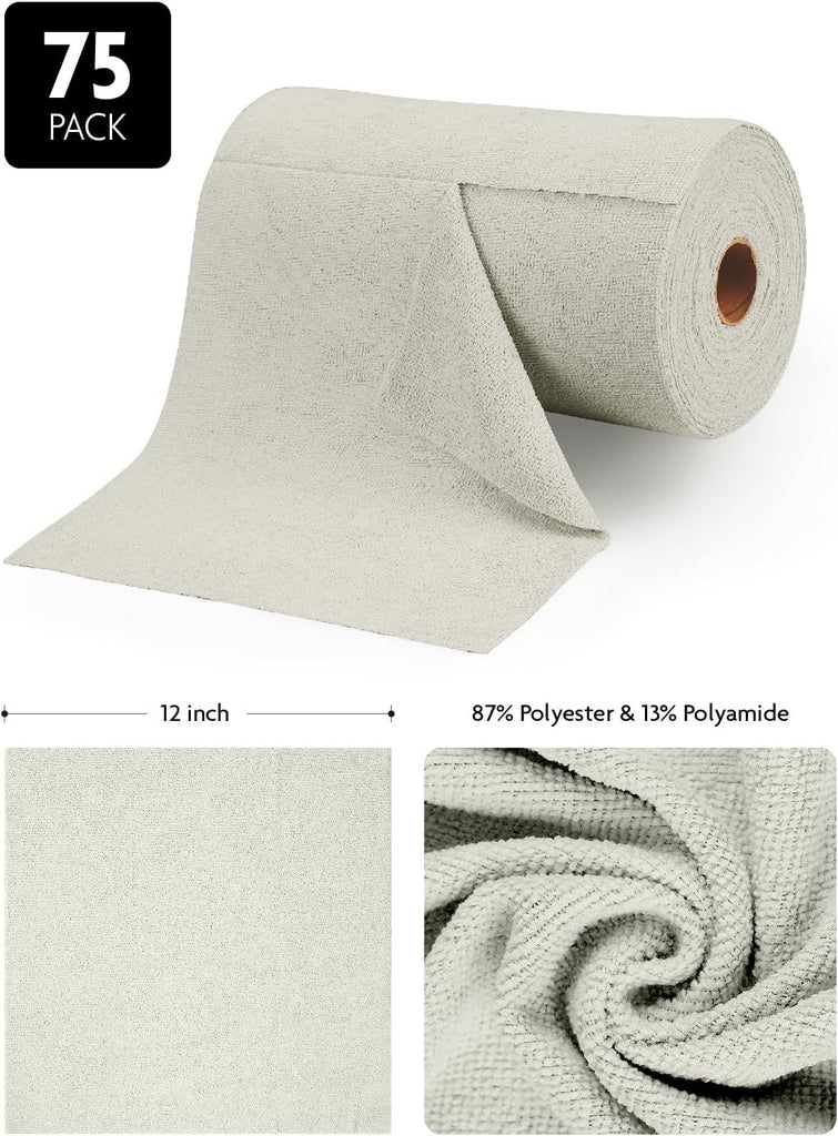 Microfiber Cleaning Cloth Roll -75 Pack, Tear Away Microfiber Towels, 12" x 12", Reusable, Washable, Scratch Free, Ultra Absorbent Dishcloth for All-Around Cleaning Supplies