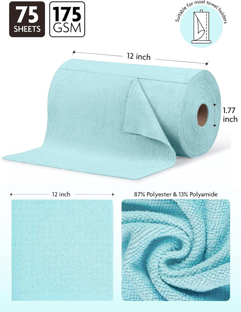 Microfiber Cleaning Cloth Roll -75 Pack, Tear Away Microfiber Towels, 12" x 12", Reusable, Washable, Scratch Free, Ultra Absorbent Dishcloth for All-Around Cleaning Supplies