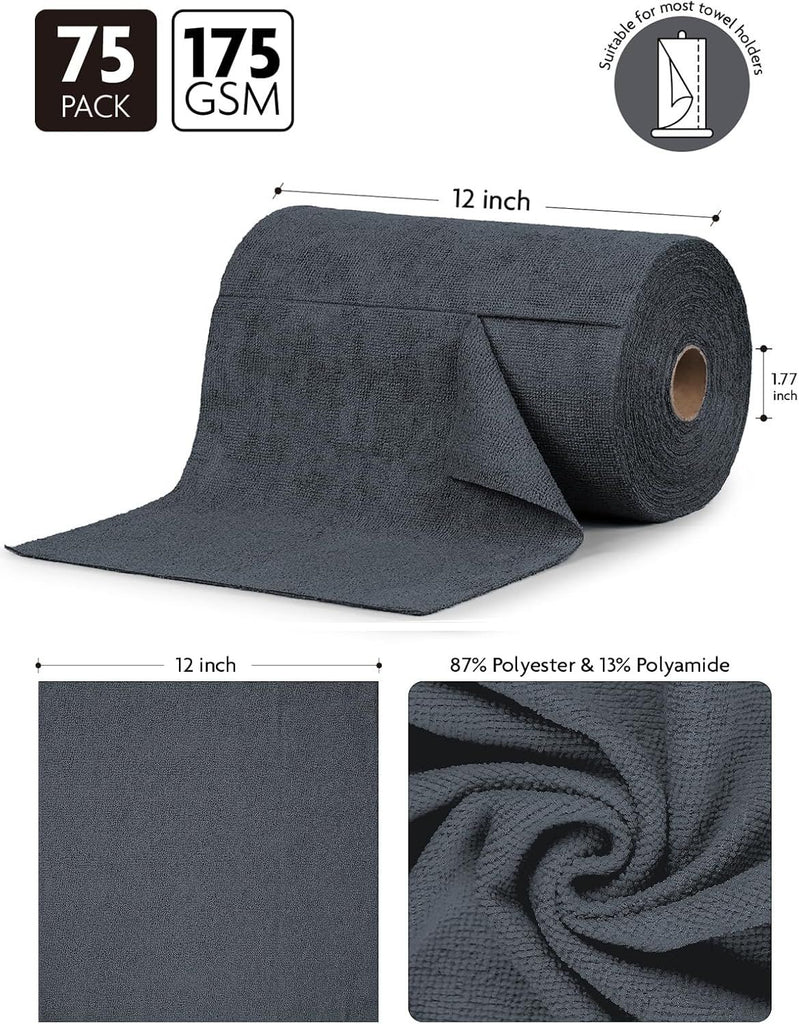 Microfiber Cleaning Cloth Roll -75 Pack, Tear Away Microfiber Towels, 12" x 12", Reusable, Washable, Scratch Free, Ultra Absorbent Dishcloth for All-Around Cleaning Supplies
