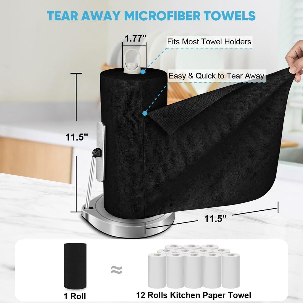 Microfiber Cleaning Cloth Roll, 50PK, Black Microfiber Towels for Cars, Reusable Paper Towels Tear Away Cloth, Shop Rags, Lint Free Cleaning Rags for House, Kitchen, Window, 11.5"×11.5"