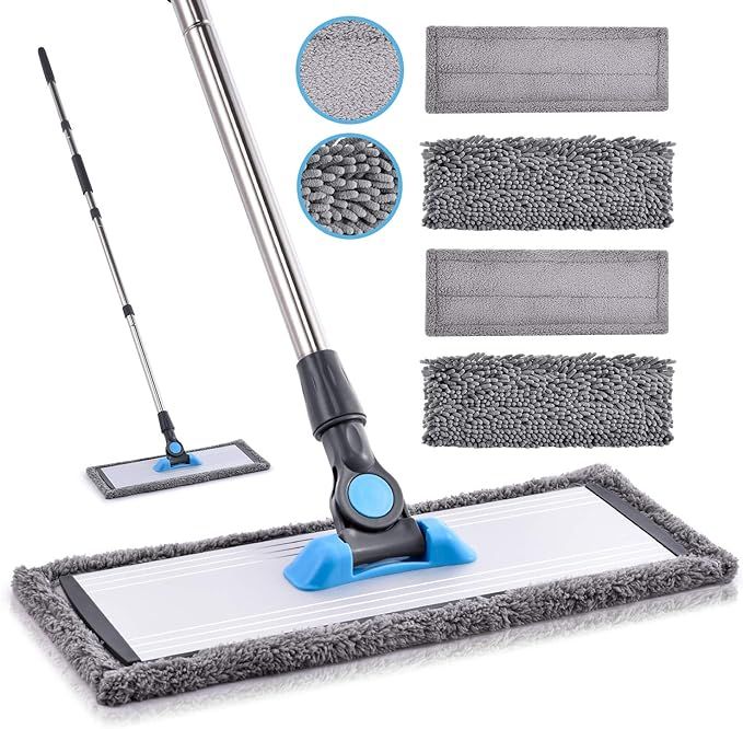 Microfiber Dust Mop for Hardwood Floors  Wet & Dry Flat Mop with 4 Washable Pads