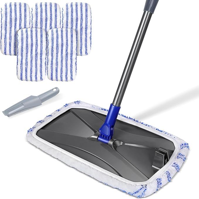 Microfibre Flat Mop, Extended Wet Dry Large Floor Mop with 5 Reusable Pads & Telescopic Handle, Dust Mops for Laminate Wooden Hard Floor Vinyl Tile Floors Cleaning - Send 1 Cleaning Scraper