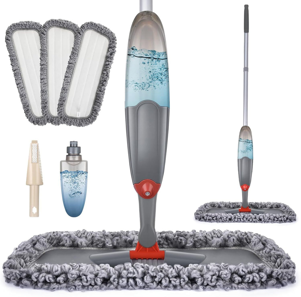 Microfibre Spray Floor Mops for Floor Cleaning, Domi-patrol Cleaning Mops for Hardwood Laminate Tiles Floors, Dry Wet Mop Dust Mops with 3 Mop Heads Replacement Pads & 635 ML Bottle