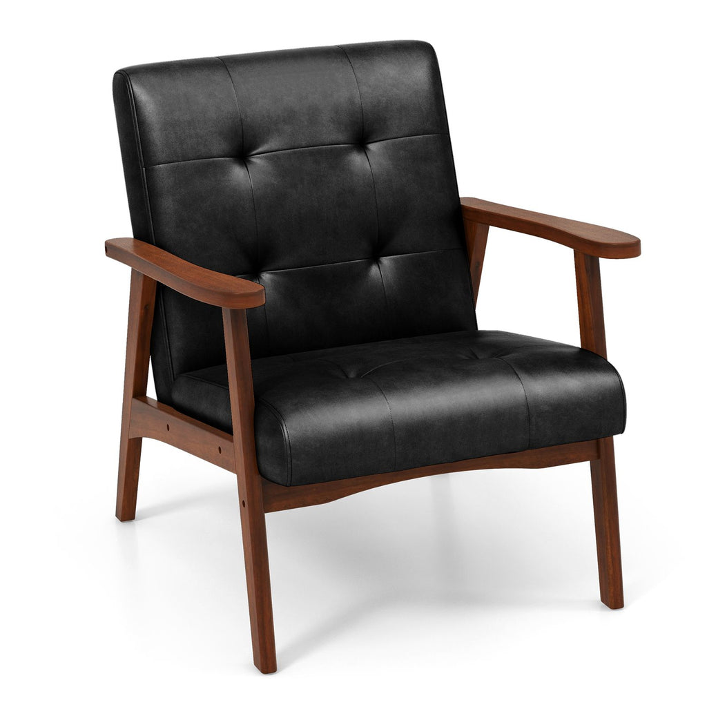 Mid Century Accent Chair with Solid Rubber Wood Frame and Leather Cover
