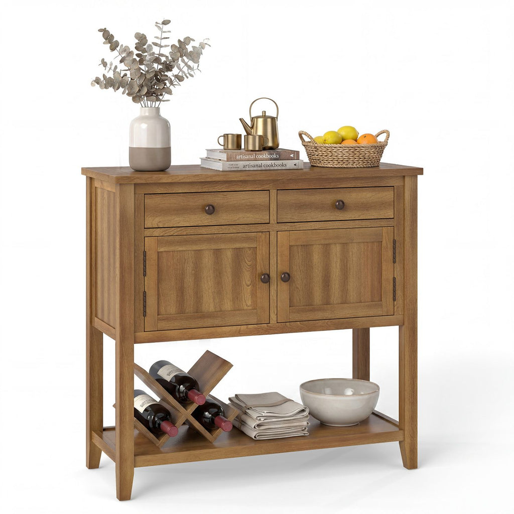 Mid-Century Console Table Wood Coffee Bar Buffet Sideboard with 2 Drawers