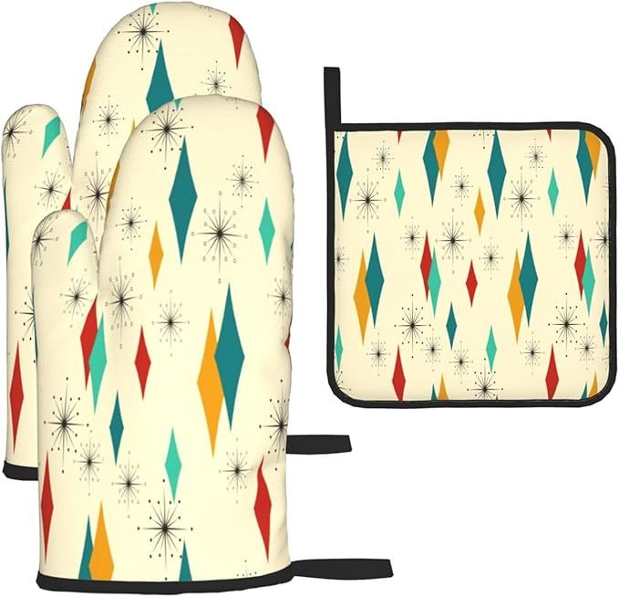 Mid Century Modern Oven Mitts and Pot Holders Set Heat Resistant Non Slip Set of 3 Retro Decor Kitchen Gloves Hot Pads for Cooking BBQ Baking Grilling