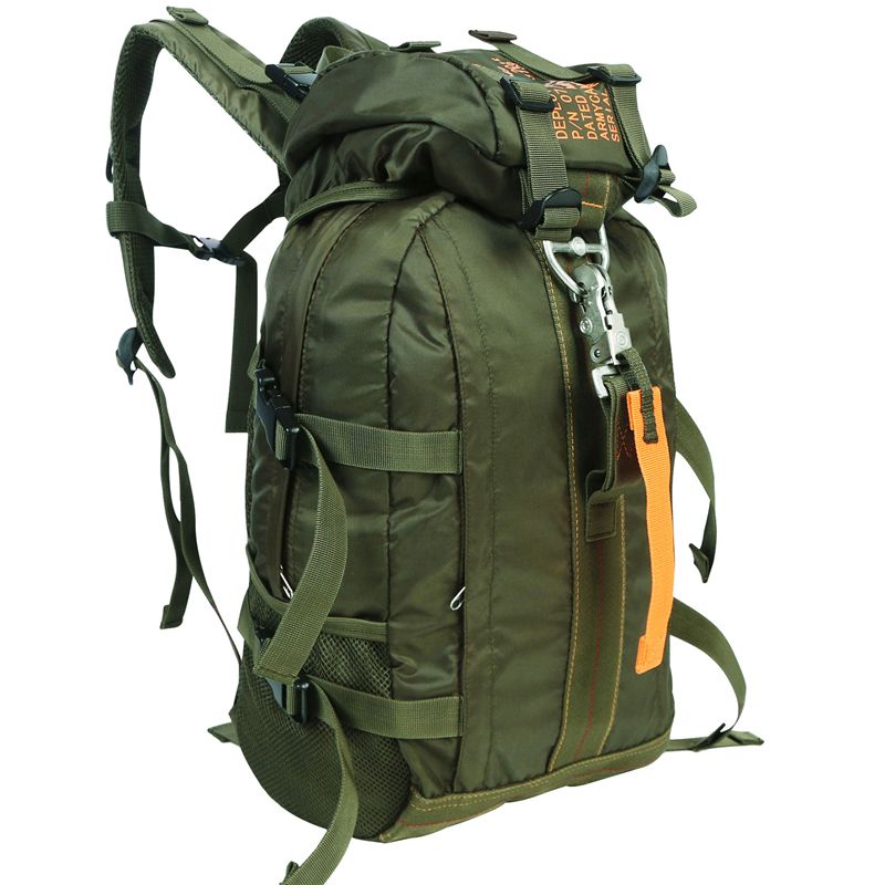 Military Parachute Backpack, Water-Resistant Nylon Rucksack with Metal Hook, MOLLE Webbing and Bottle Pockets for Hiking, Travel and Daily Carry