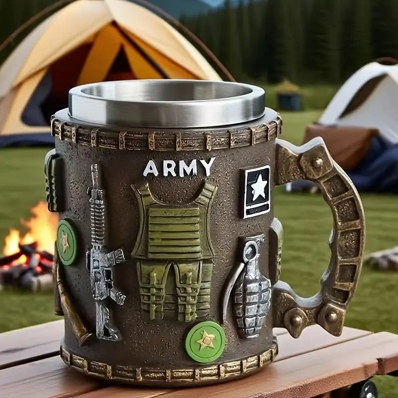 Military-Themed Double-Wall Insulated Mug with Tactical Rifle & Grenade Design - Army Beer Cup for Camping, for Man Cave, or Gifts - Hot/Cold Beverage Cup for Soldiers, Veterans, History Buffs - Durab