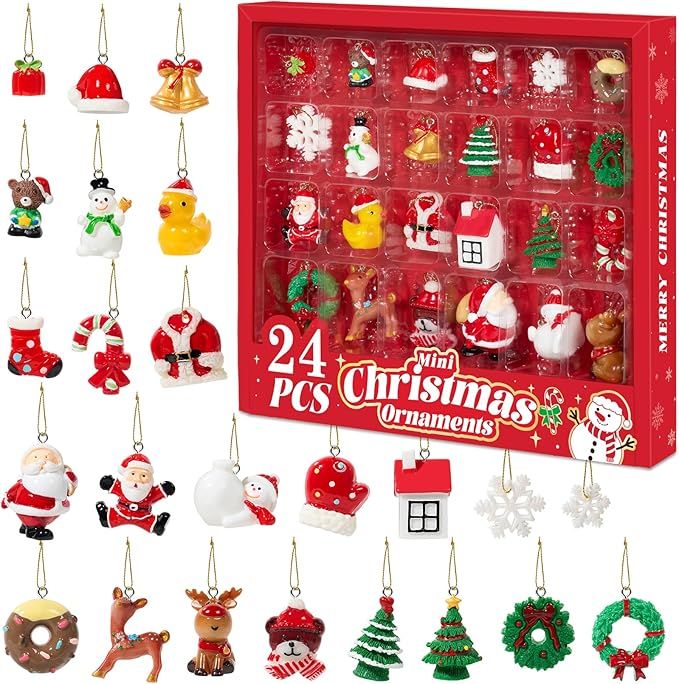 Mini Christmas Ornaments, Sooez Set of 24 Cute Miniature Resin Christmas Tree Ornament Figures Advent Calendar Fillers