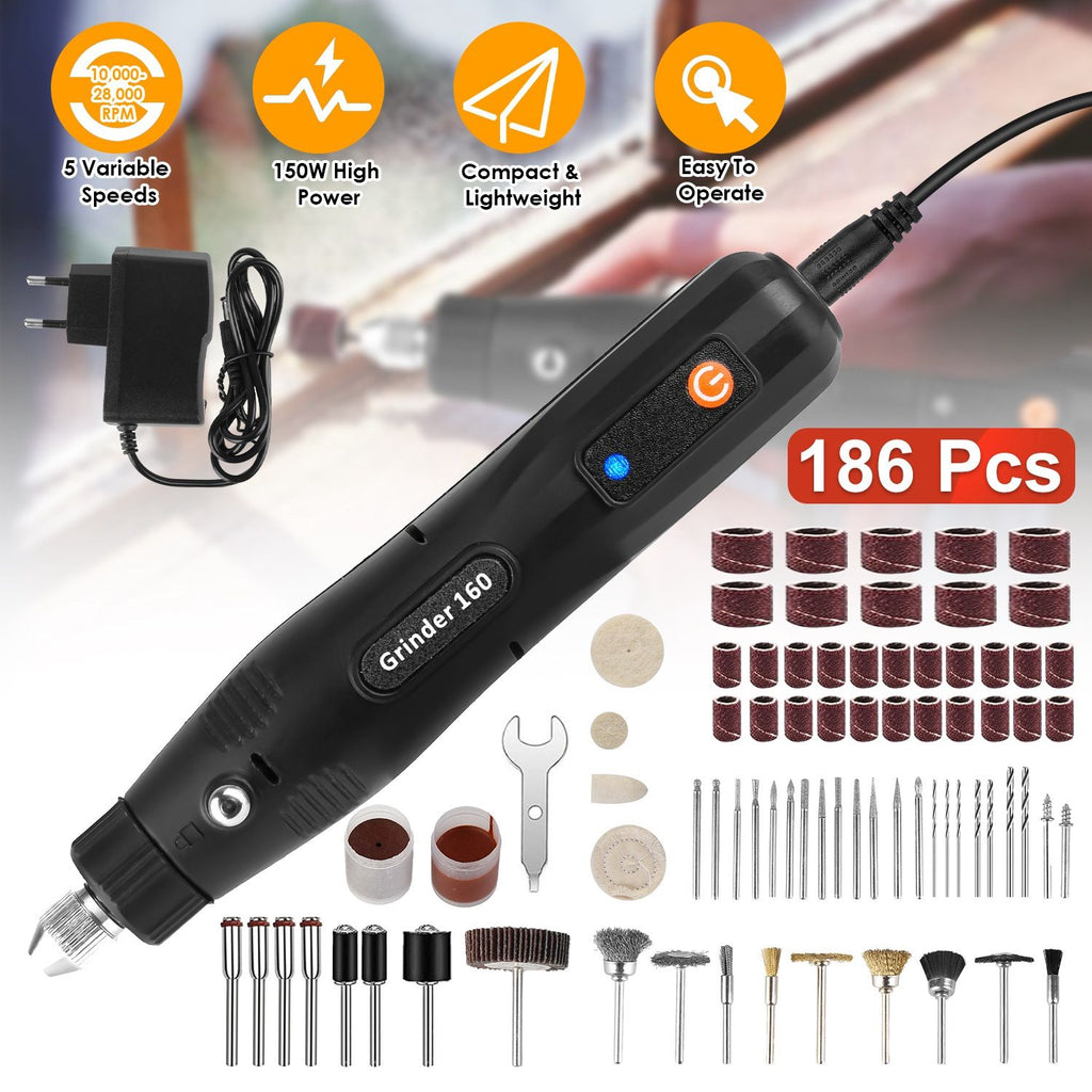 Mini Corded Rotary Power Tool Set of 186Pcs Electric Detail Sander Grinding Pen Small Drill Kit Engraver with 5 Speeds for Sanding Polishing Drilling Etching Engraving Carving DIY Crafts GPCT5416