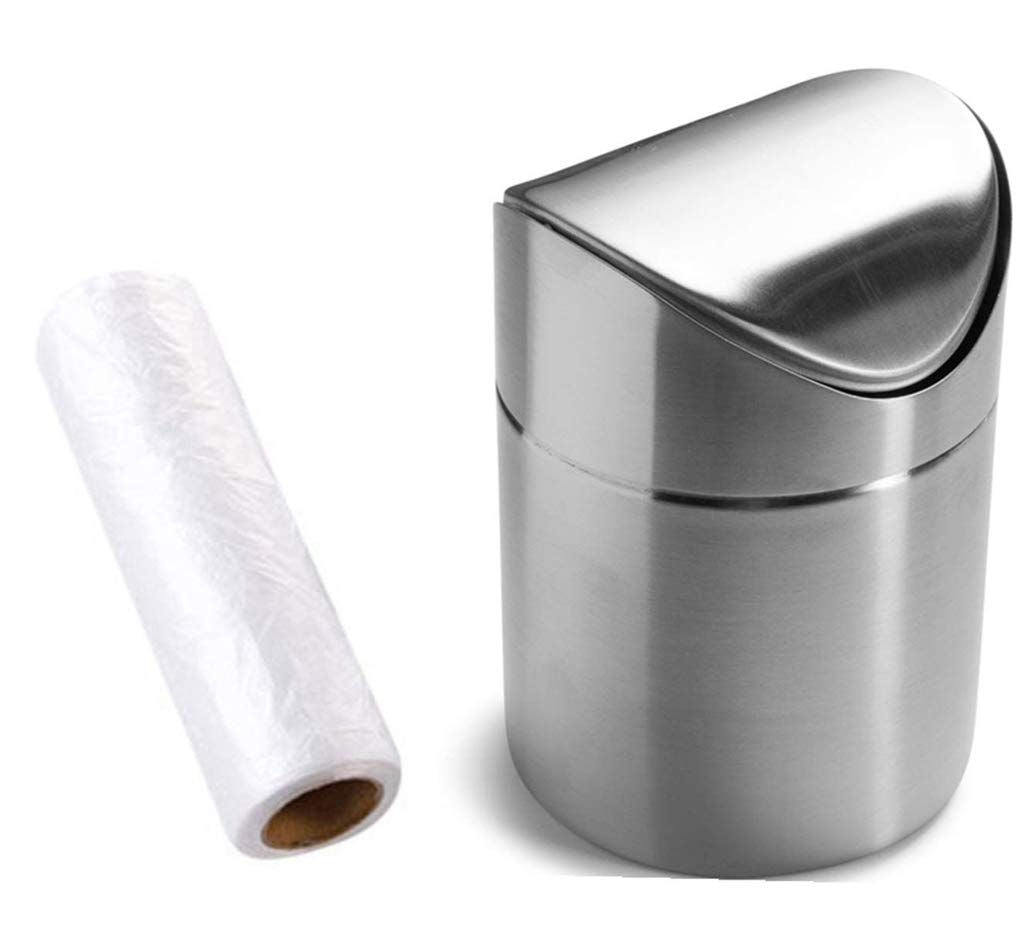 Mini Countertop Brushed Stainless Steel Swing Lid Trash Can Set, Come with Trash Bag, 1.5 L / 0.40 Gal, Multiple Color Options, Silver