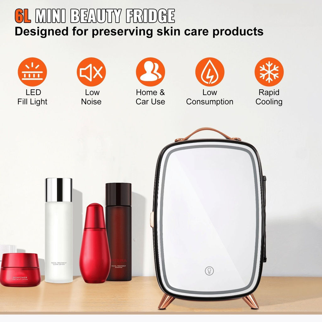 Mini Fridge, 6L Skincare Fridge With LED Light And HD Mirror, AC DC Makeup Fridges For Skin Care, Cosmetic Storage, Chill Face Mask Drink, Small Refrigerator For Bedroom Dorm Desktop, Black