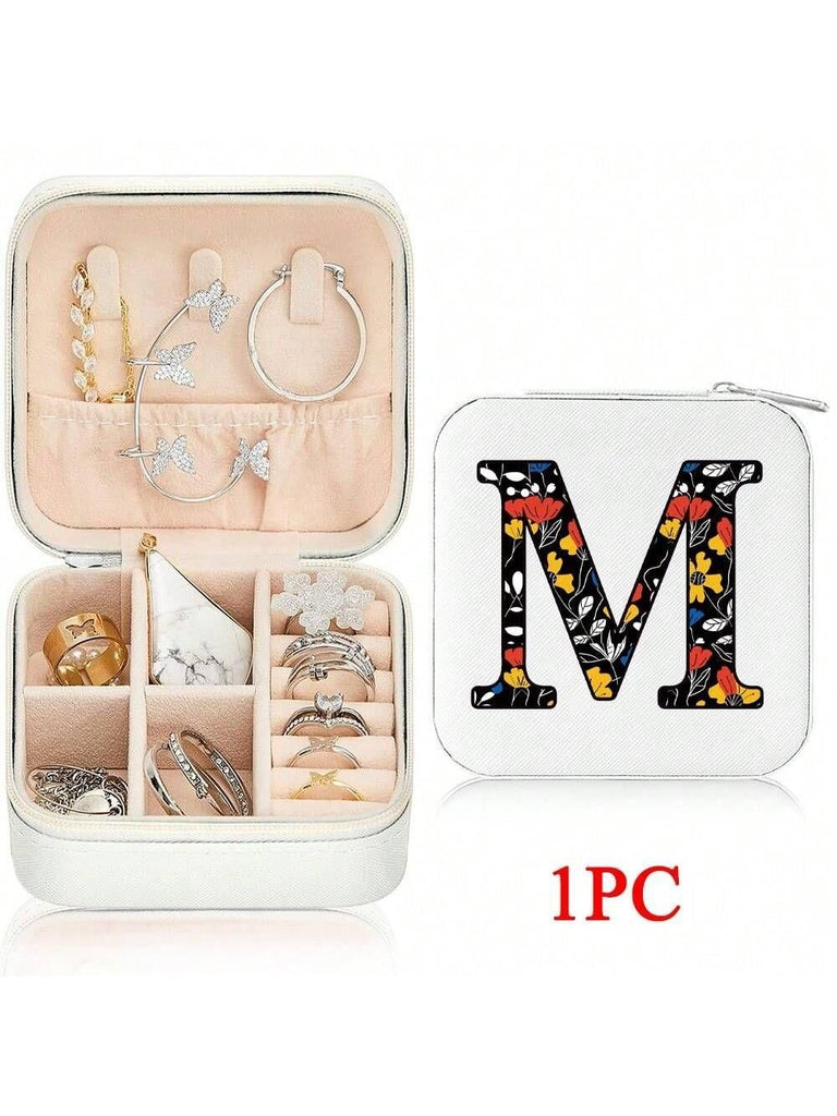 Mini Jewelry Box with Monogram Letter Design, Compact Travel Jewelry Organizer for Women Girls, Lightweight Zippered Storage Case