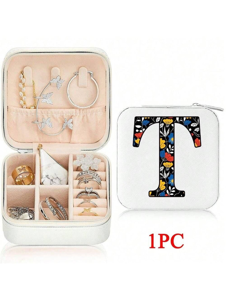 Mini Jewelry Box with Monogram Letter Design, Compact Travel Jewelry Organizer for Women Girls, Lightweight Zippered Storage Case