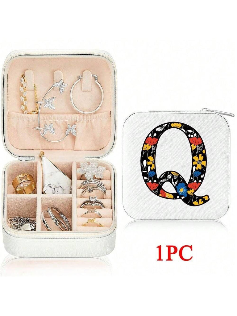 Mini Jewelry Box with Monogram Letter Design, Compact Travel Jewelry Organizer for Women Girls, Lightweight Zippered Storage Case