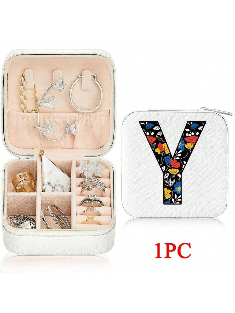 Mini Jewelry Box with Monogram Letter Design, Compact Travel Jewelry Organizer for Women Girls, Lightweight Zippered Storage Case