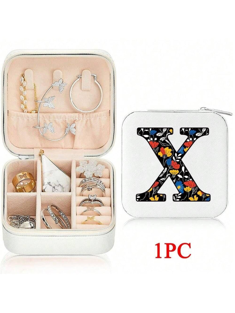 Mini Jewelry Box with Monogram Letter Design, Compact Travel Jewelry Organizer for Women Girls, Lightweight Zippered Storage Case