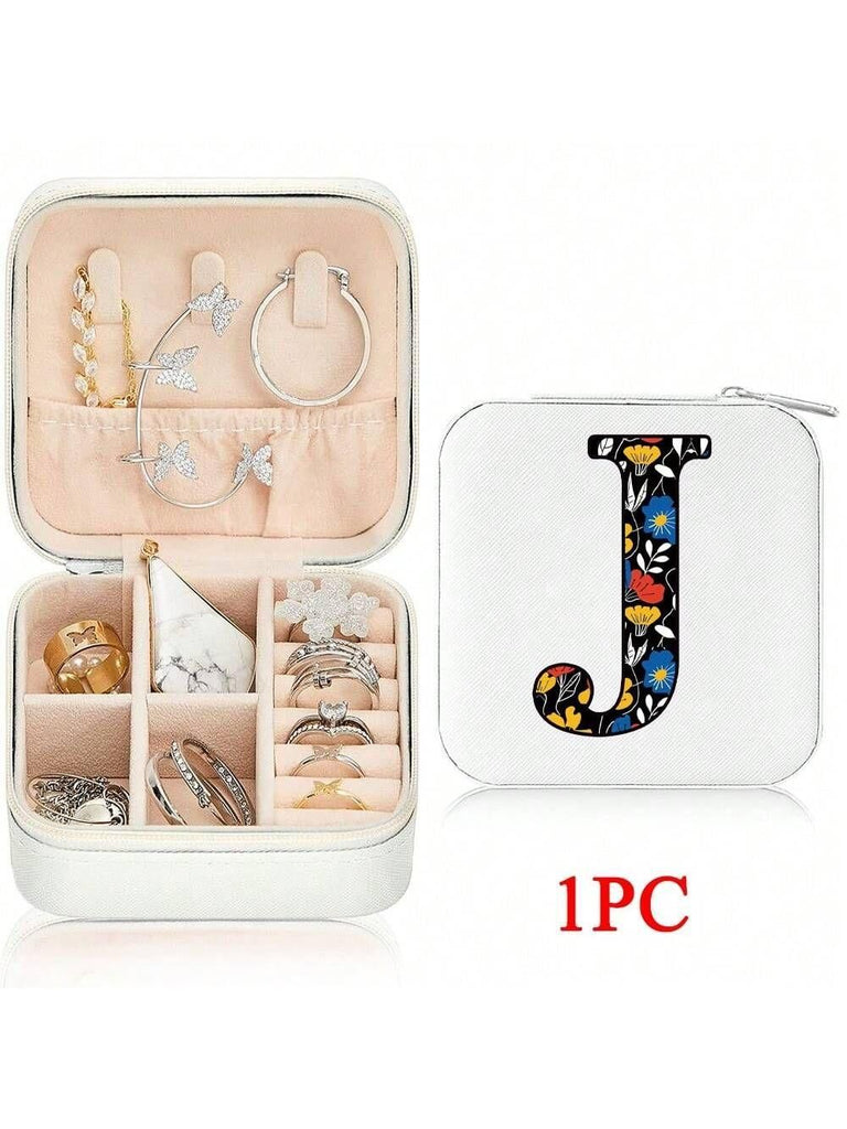 Mini Jewelry Box with Monogram Letter Design, Compact Travel Jewelry Organizer for Women Girls, Lightweight Zippered Storage Case