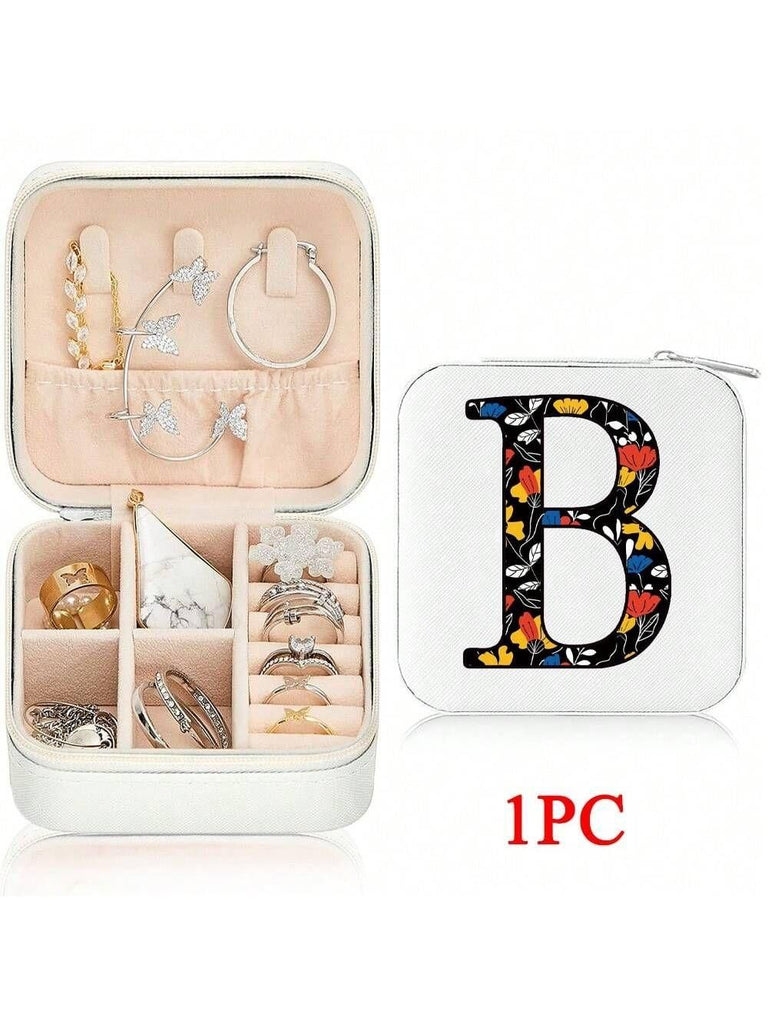 Mini Jewelry Box with Monogram Letter Design, Compact Travel Jewelry Organizer for Women Girls, Lightweight Zippered Storage Case
