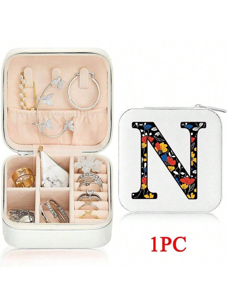 Mini Jewelry Box with Monogram Letter Design, Compact Travel Jewelry Organizer for Women Girls, Lightweight Zippered Storage Case