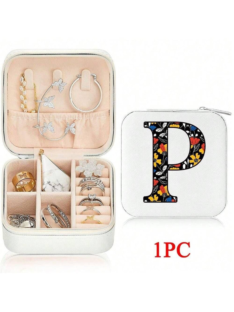 Mini Jewelry Box with Monogram Letter Design, Compact Travel Jewelry Organizer for Women Girls, Lightweight Zippered Storage Case