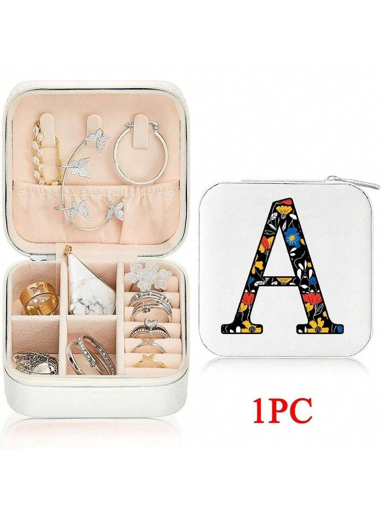 Mini Jewelry Box with Monogram Letter Design, Compact Travel Jewelry Organizer for Women Girls, Lightweight Zippered Storage Case