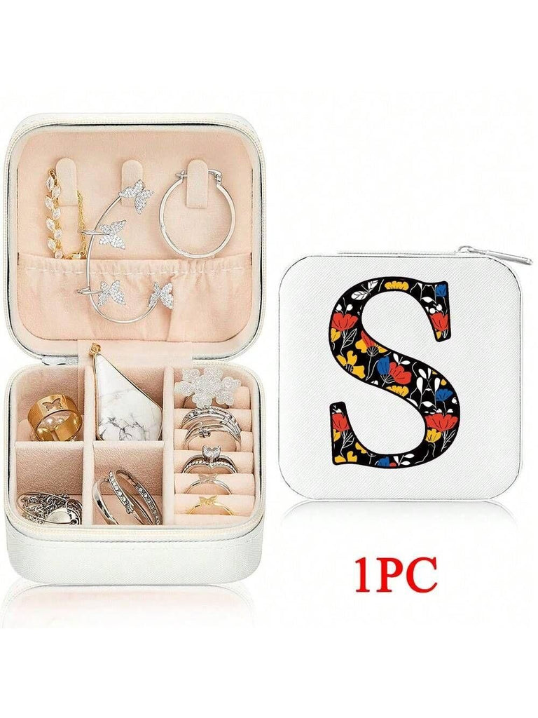 Mini Jewelry Box with Monogram Letter Design, Compact Travel Jewelry Organizer for Women Girls, Lightweight Zippered Storage Case