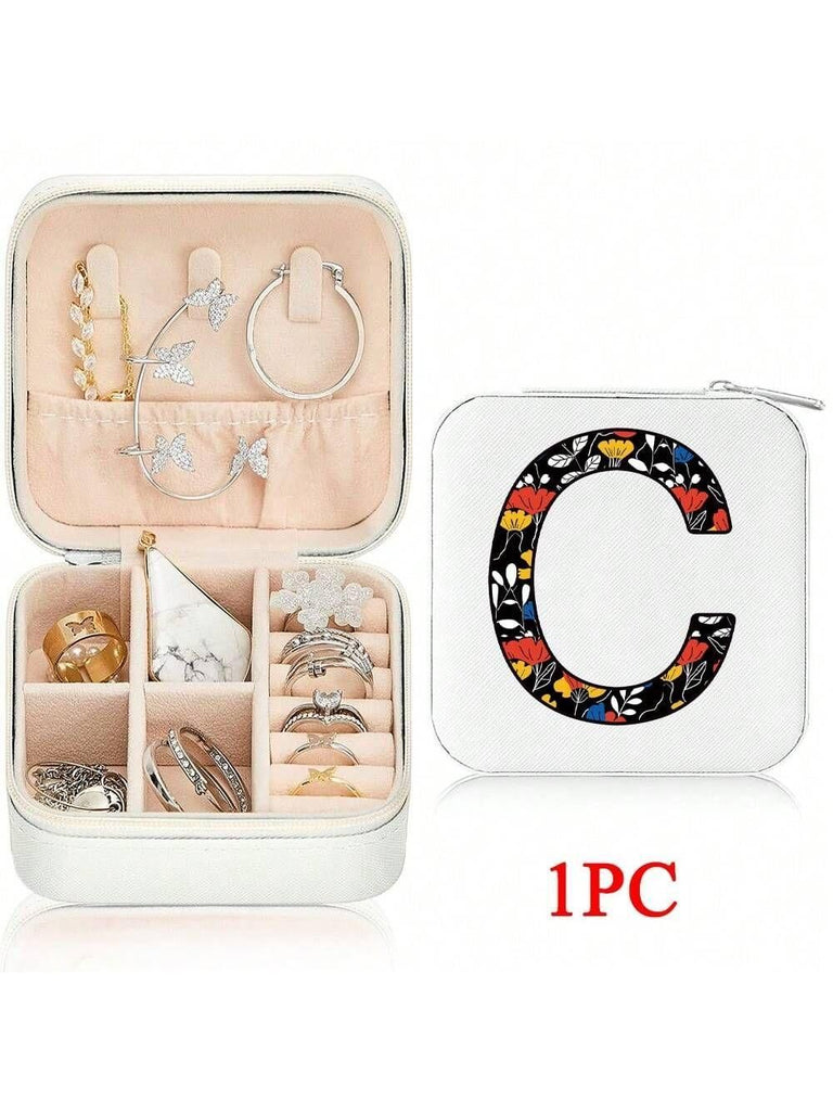 Mini Jewelry Box with Monogram Letter Design, Compact Travel Jewelry Organizer for Women Girls, Lightweight Zippered Storage Case