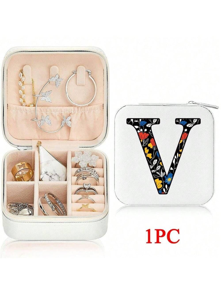 Mini Jewelry Box with Monogram Letter Design, Compact Travel Jewelry Organizer for Women Girls, Lightweight Zippered Storage Case