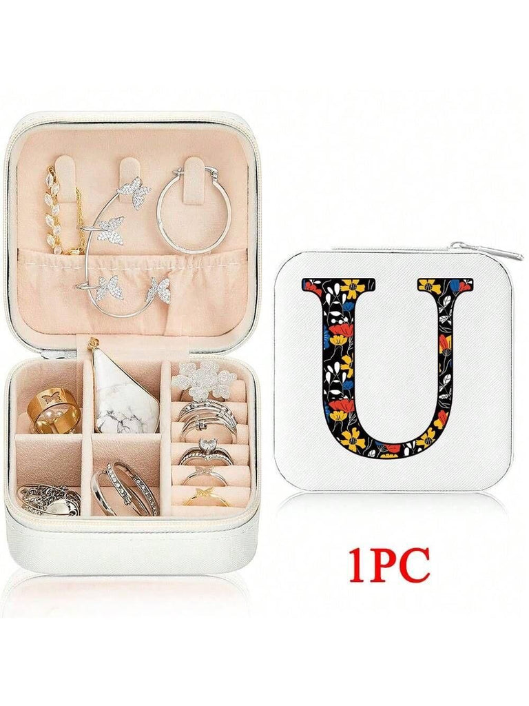 Mini Jewelry Box with Monogram Letter Design, Compact Travel Jewelry Organizer for Women Girls, Lightweight Zippered Storage Case