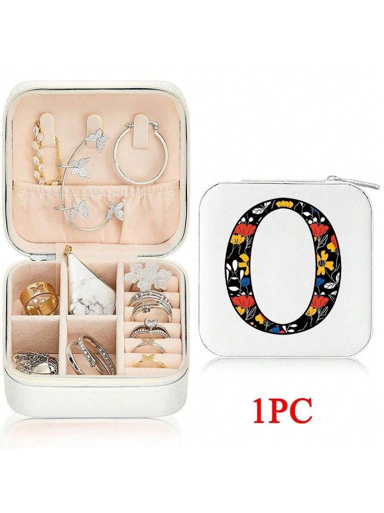 Mini Jewelry Box with Monogram Letter Design, Compact Travel Jewelry Organizer for Women Girls, Lightweight Zippered Storage Case