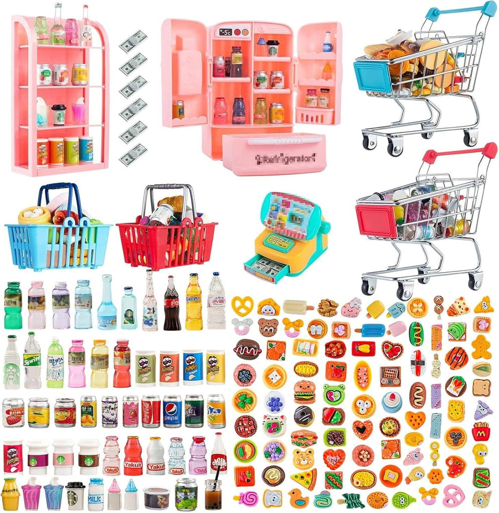 Mini Shopping Cart Basket Miniature Food Drink Toy Supermarket Metal Handcart Trolley Store Grocery Accessories Kitchen Play Game