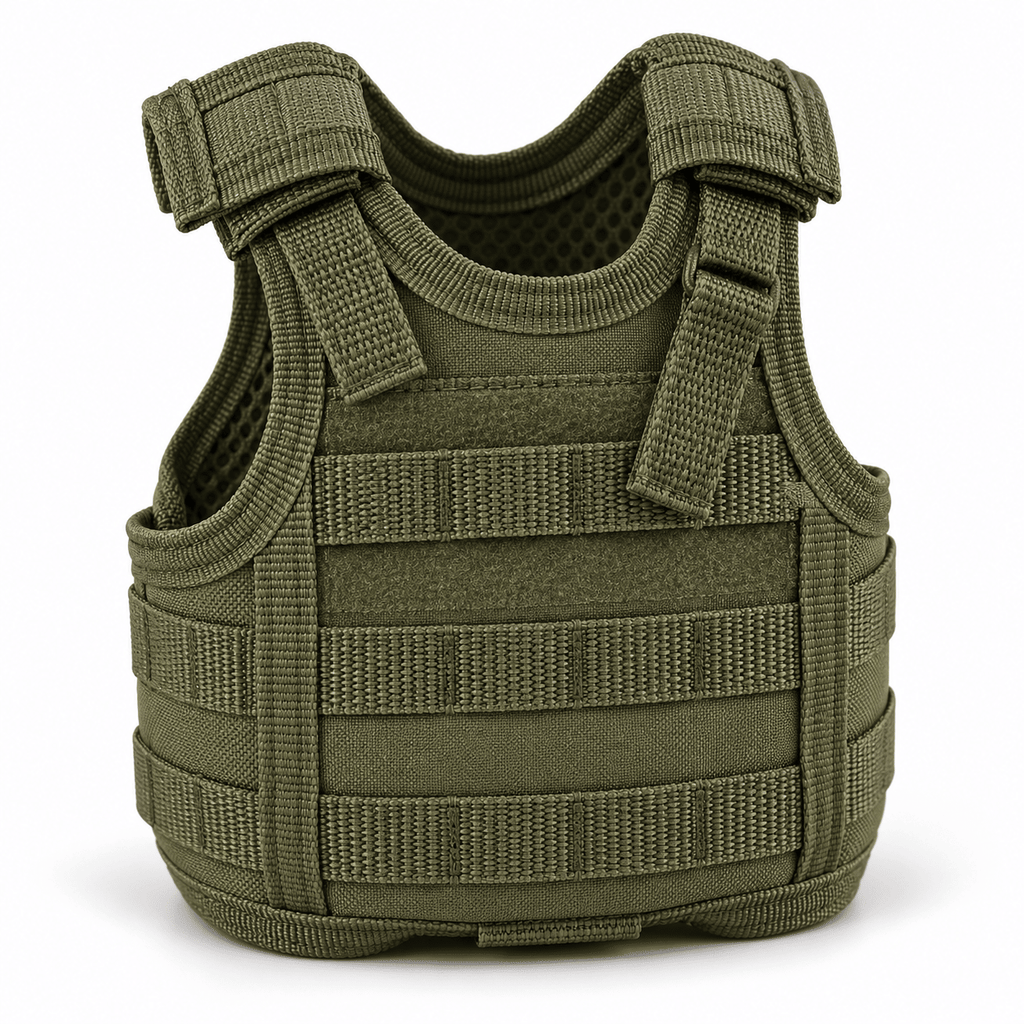 Mini Tactical Vest Can Cooler Sleeve, Adjustable Beverage Holder Cover with Utility Webbing and Mesh Panels, Novelty Drink Accessory for Camping, Parties and Gifts
