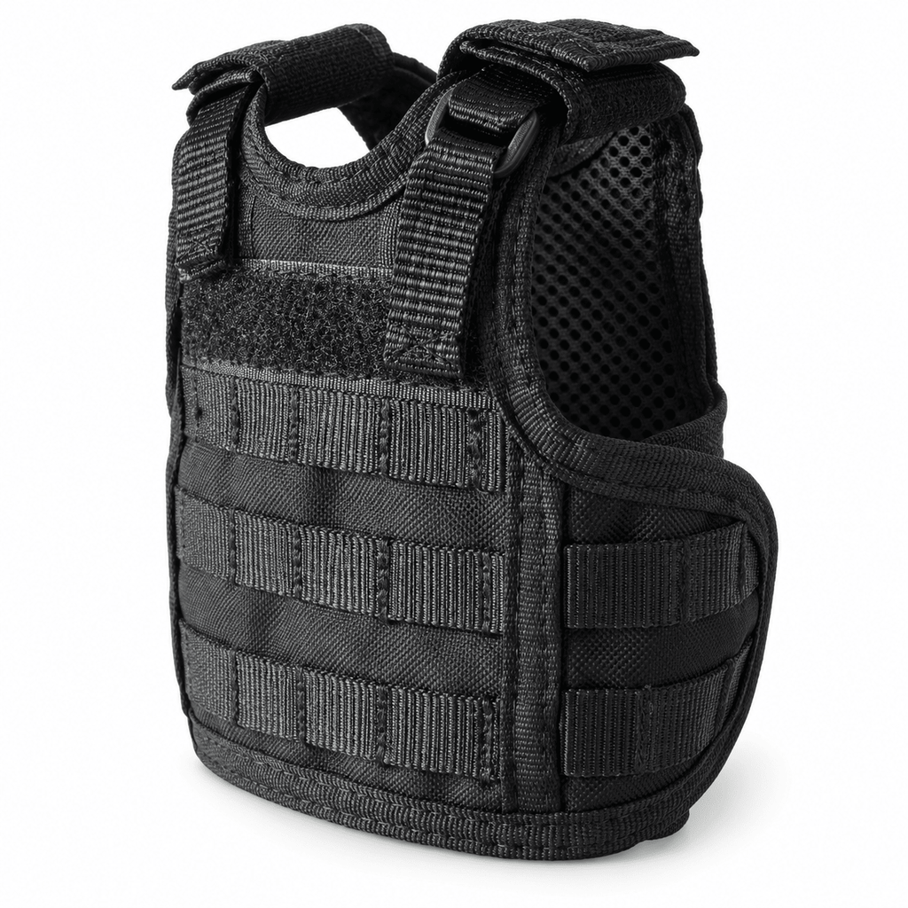 Mini Tactical Vest Can Cooler Sleeve, Adjustable Beverage Holder Cover with Utility Webbing and Mesh Panels, Novelty Drink Accessory for Camping, Parties and Gifts
