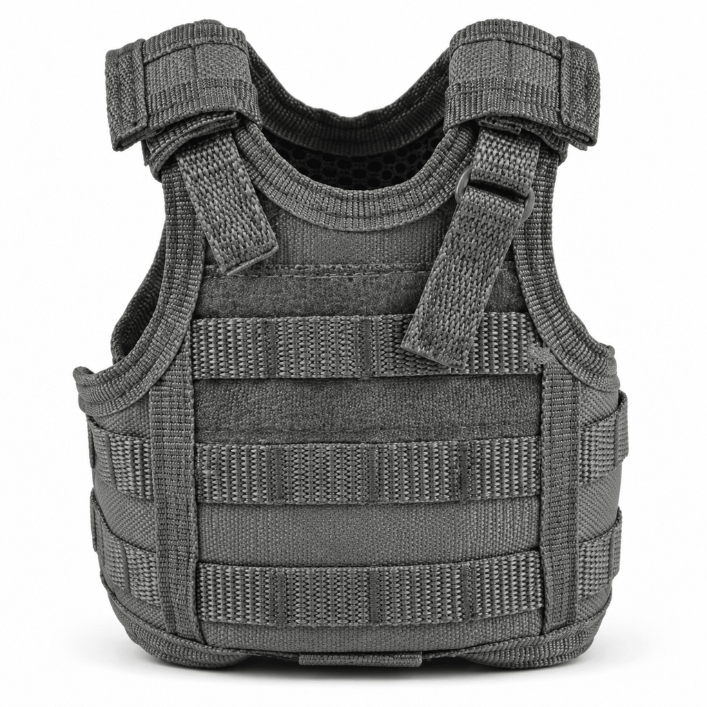 Mini Tactical Vest Can Cooler Sleeve, Adjustable Beverage Holder Cover with Utility Webbing and Mesh Panels, Novelty Drink Accessory for Camping, Parties and Gifts