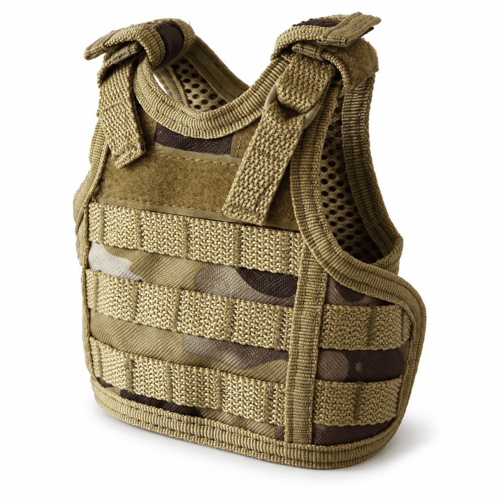 Mini Tactical Vest Can Cooler Sleeve, Adjustable Beverage Holder Cover with Utility Webbing and Mesh Panels, Novelty Drink Accessory for Camping, Parties and Gifts