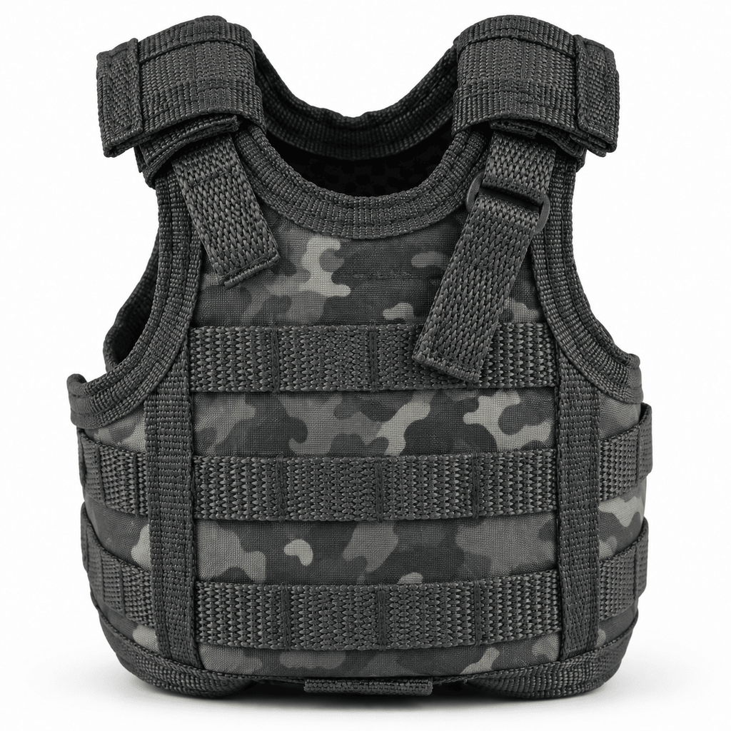 Mini Tactical Vest Can Cooler Sleeve, Adjustable Beverage Holder Cover with Utility Webbing and Mesh Panels, Novelty Drink Accessory for Camping, Parties and Gifts