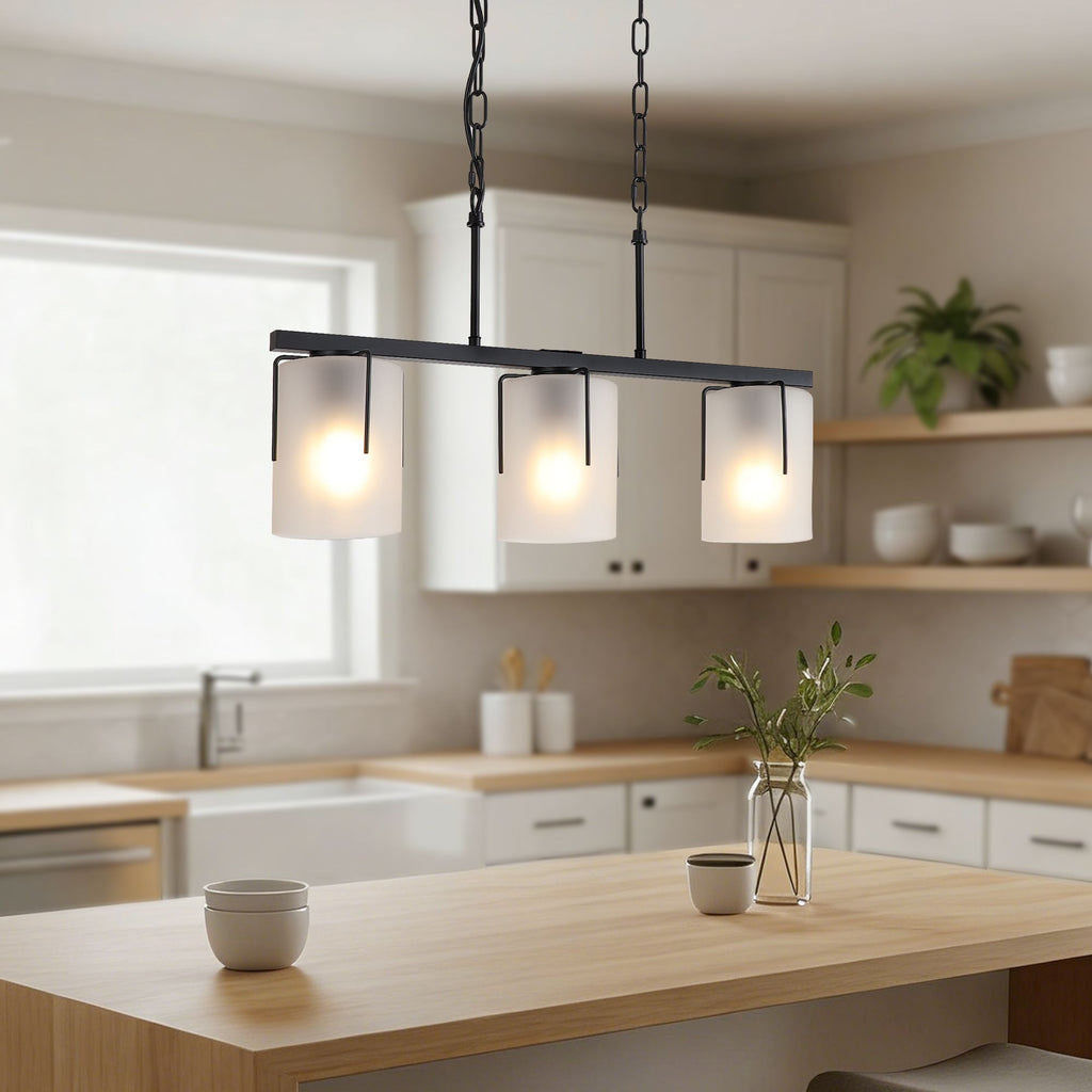 Minimalist 3-Light Linear Chandelier, Matte Black Pendant Lighting with Frosted Glass Shades, E26 Base Adjustable Ceiling Fixture for Dining Room Kitchen